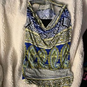 Cowl neck island style print racer back blouse